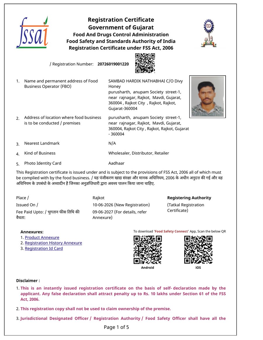Preview of Divy Honey FSSAI registration certificate